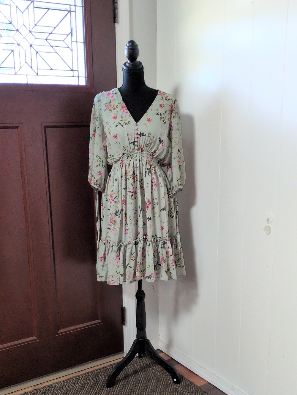 Floral V-Neck Ruffle Hem Dress in Sage Green